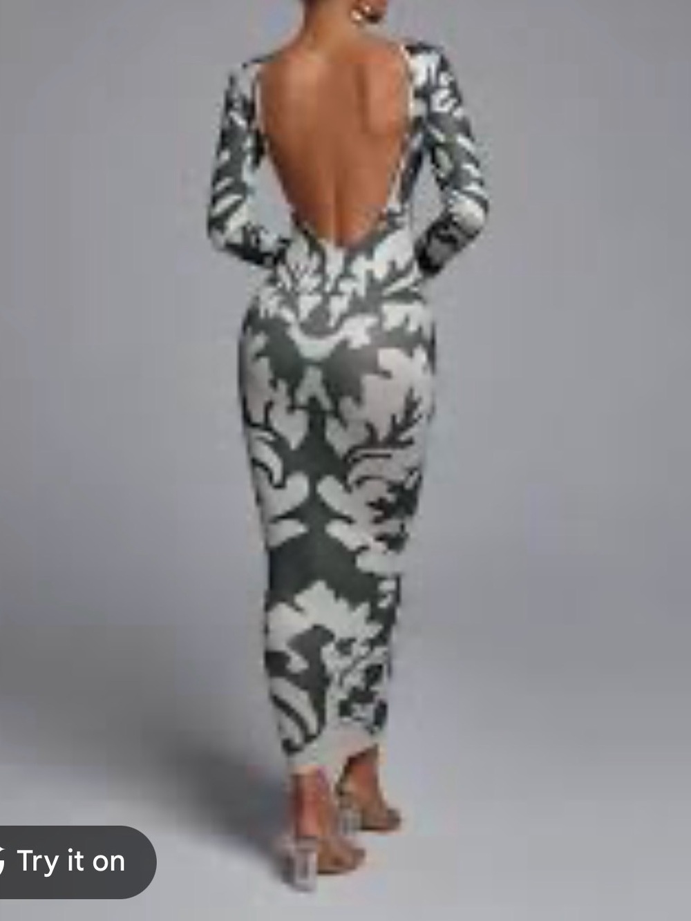 Women's Long Sleeve Backless Maxi Dress in Gray & White Damask